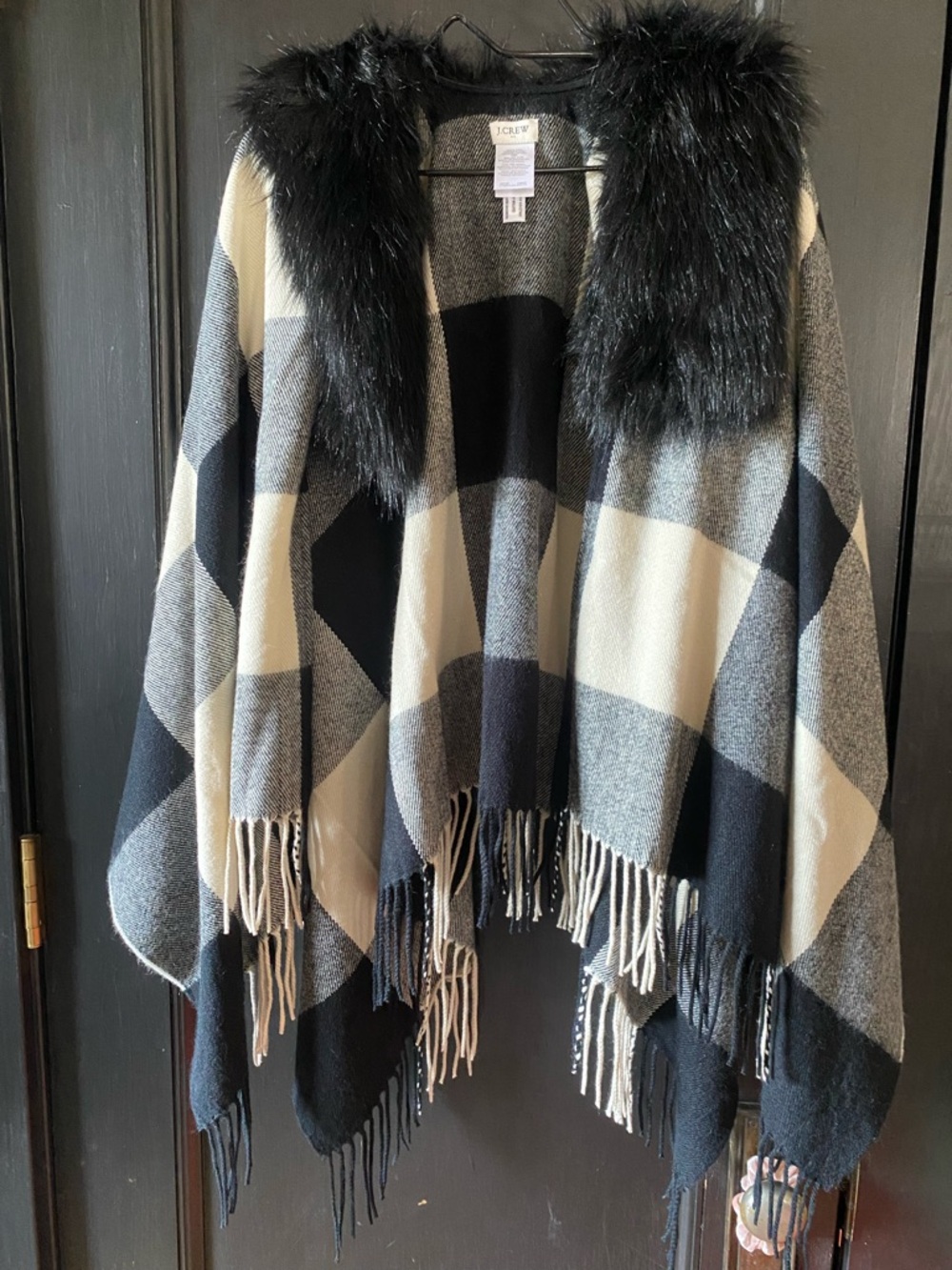 J. Crew Black and Cream Plaid Poncho with Faux Fur Trim